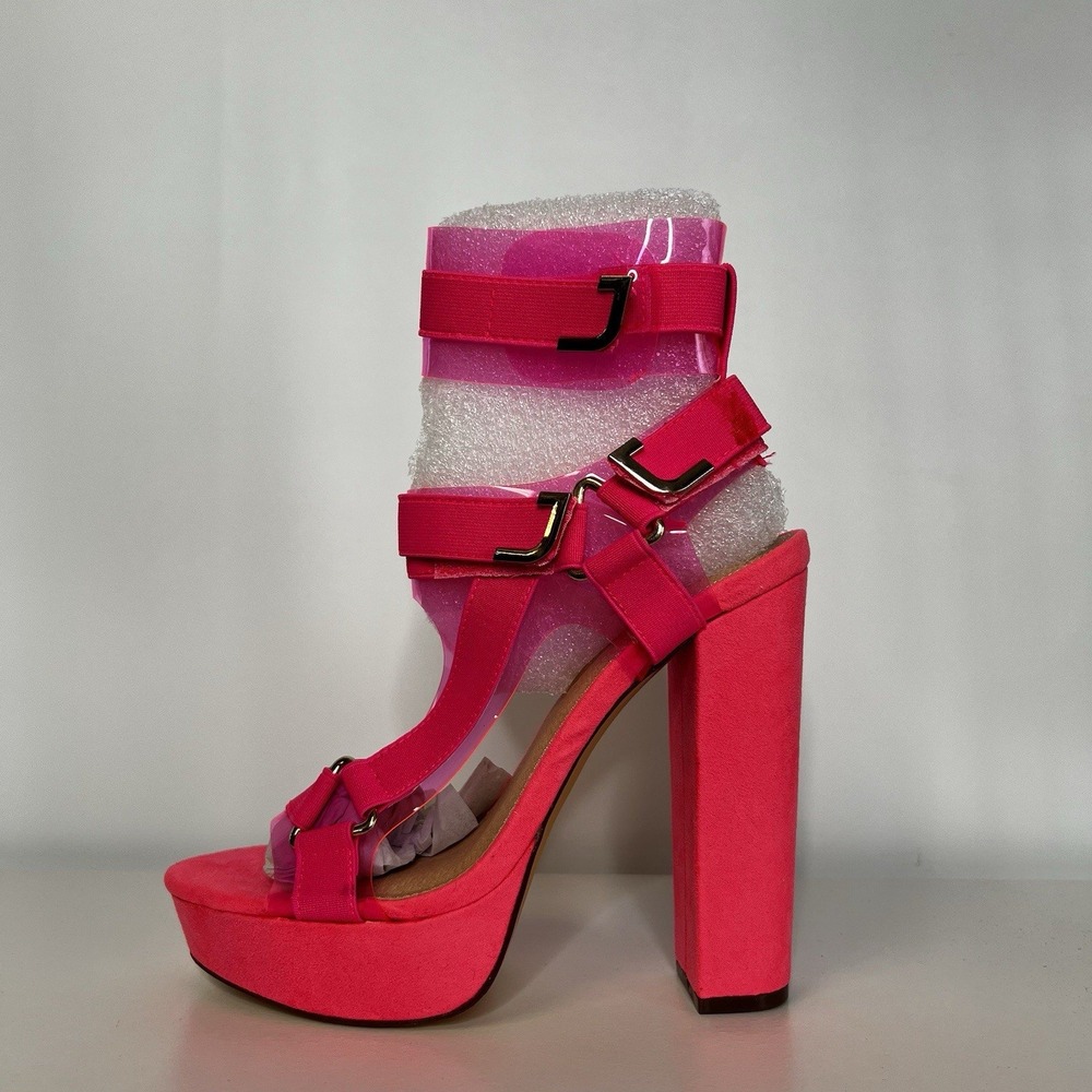 Fashion Nova Mystery Heeled Sandal Neon Pink Platform Block Heel GLAMROCK2 7.5